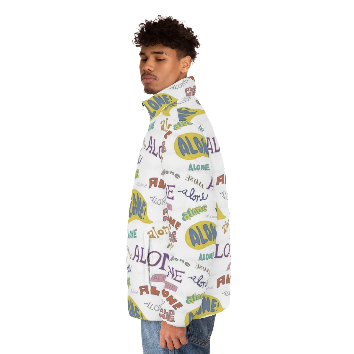 Alone Puffer Jacket with Spongebob and Squidward Meme Design - men side left