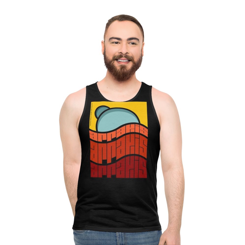 Dune movie inspired unisex tank top with Arrakis poster design - men