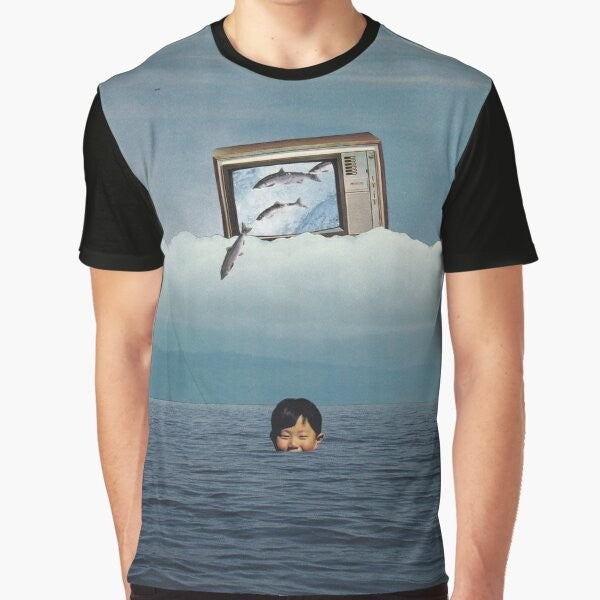 Surreal 3D television graphic t-shirt featuring a collage of nature and ocean life elements