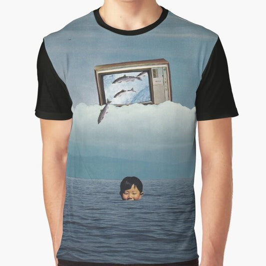 Surreal 3D television graphic t-shirt featuring a collage of nature and ocean life elements