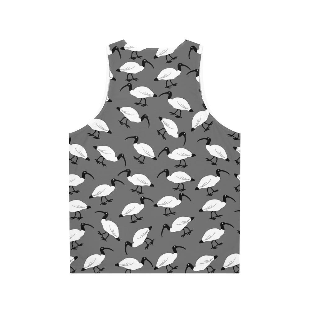 Unisex tank top with a digital print design featuring lots of bin chickens (ibis) scavenging in trash bins - Back