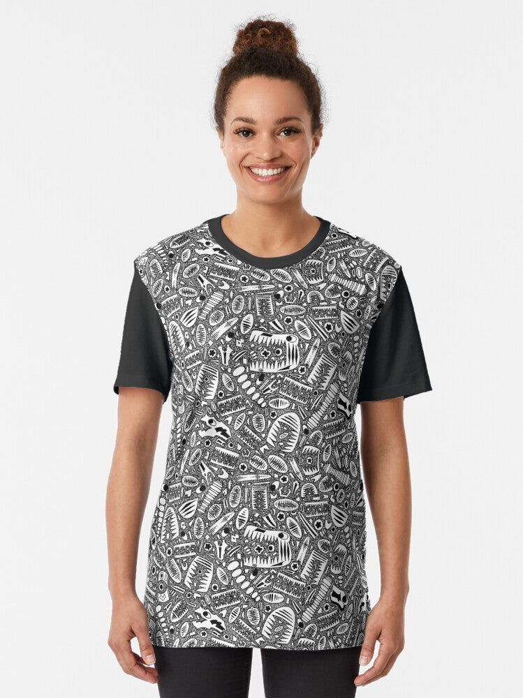 Crinoid fossil pattern graphic t-shirt with an 18th century ink drawing design - Women