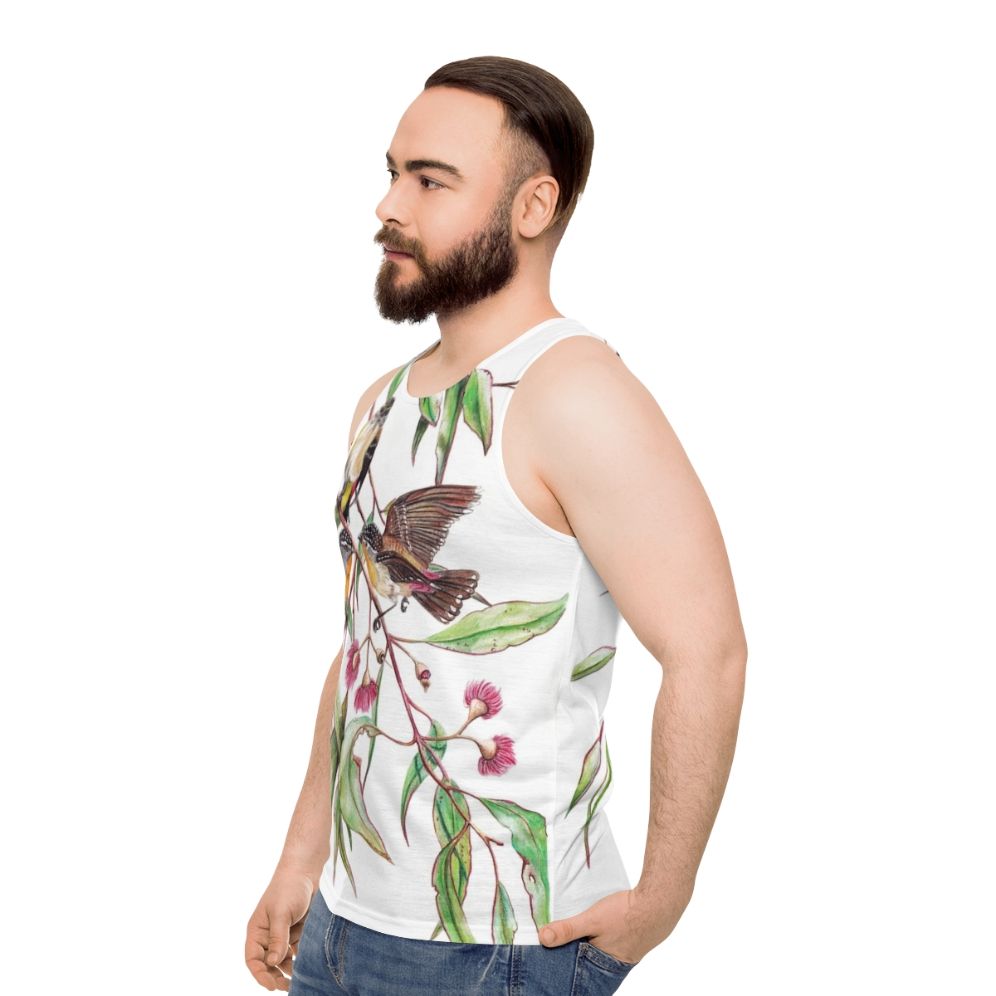 Spotted pardalotes on pink flowering gum unisex tank top - men side