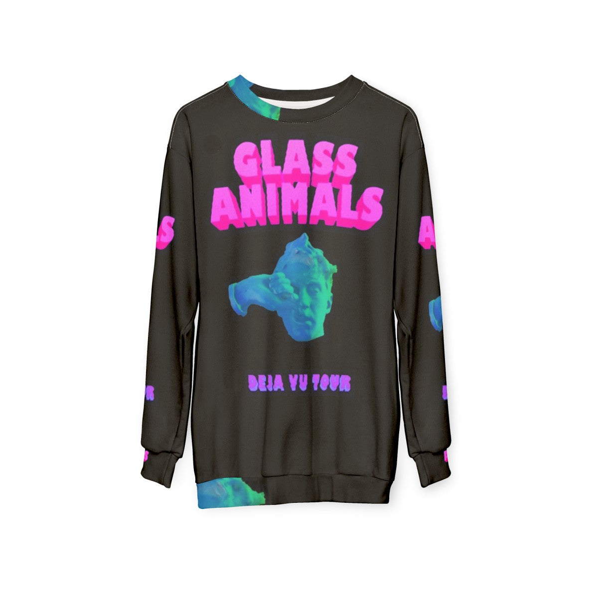 Glass Animals Deja Vu Sweatshirt featuring the band's logo and album art - hanging