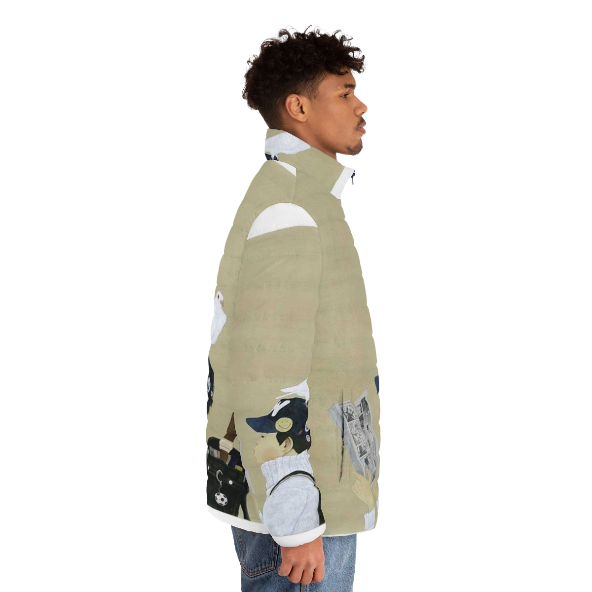 Taiyo Matsumoto inspired puffer jacket featuring the artist's unique illustration style - men side right