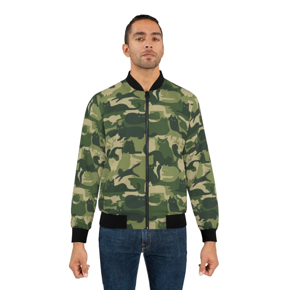 Green camouflage bomber jacket with cat silhouettes pattern - Lifestyle