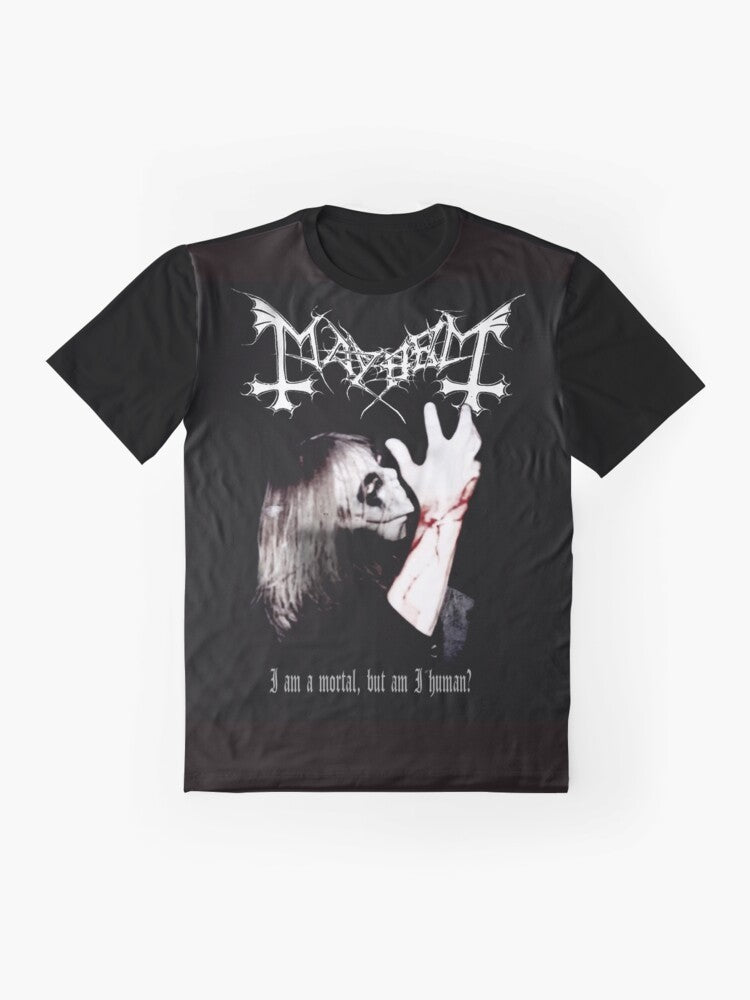 Mayhem Black Metal T-Shirt featuring the iconic band logo and band members - Flat lay