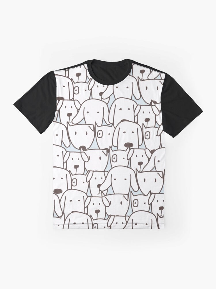 Graphic t-shirt featuring a repetitive pattern of stylized, minimalist dog designs in black and white - Flat lay