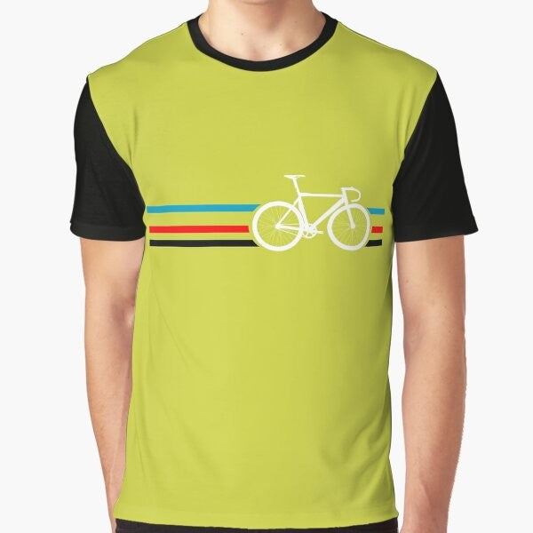 Retro bicycle velodrome graphic t-shirt with colorful stripes and pop art design