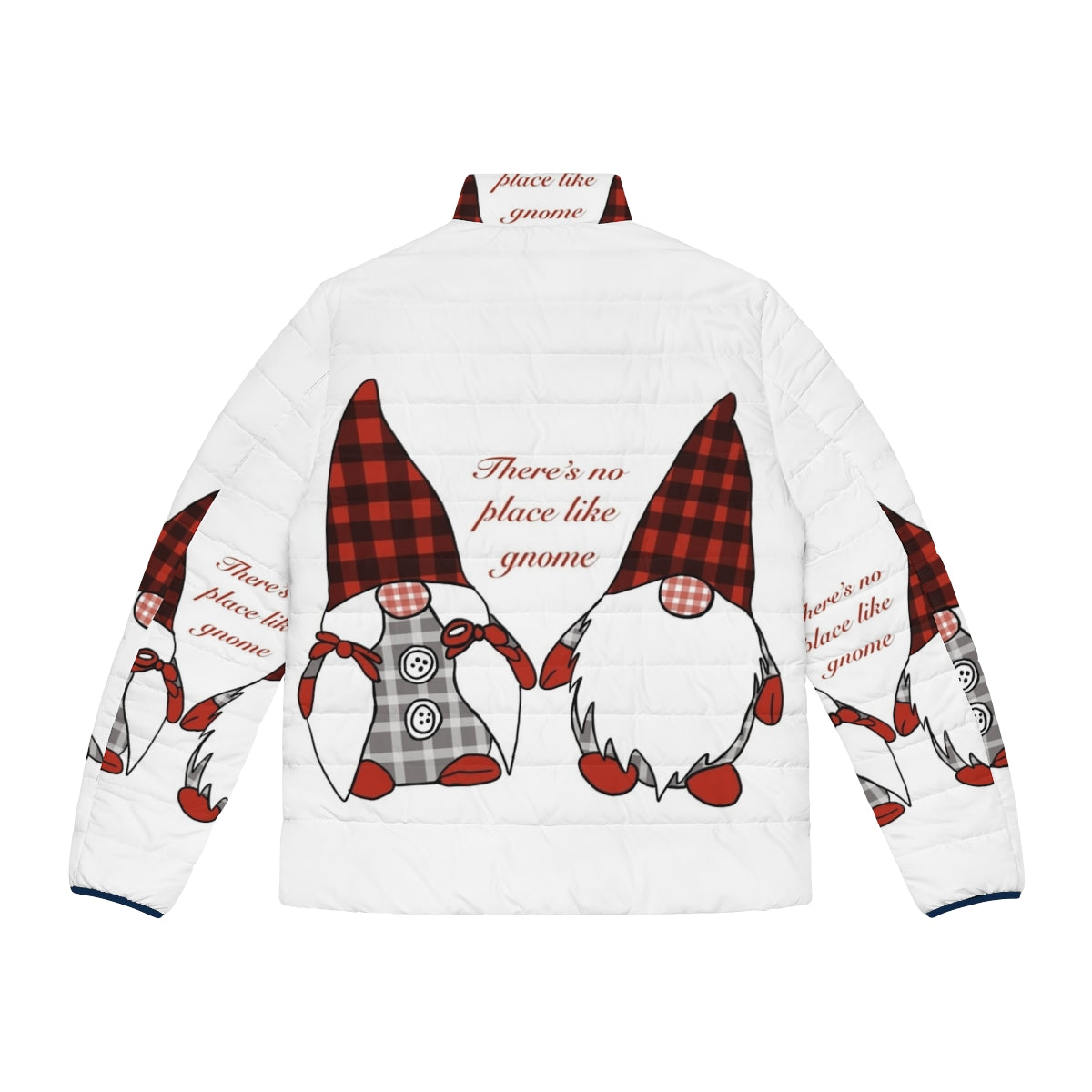 A warm and cozy puffer jacket featuring a cheerful gnome design, perfect for the holiday season. - Back