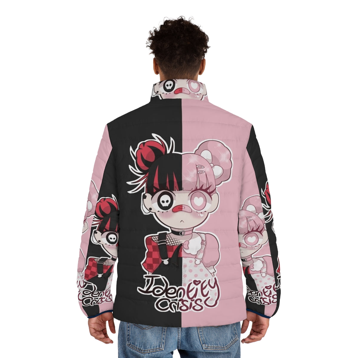 Anime inspired puffer jacket with kawaii, yami kawaii, and yume kawaii design elements - men back