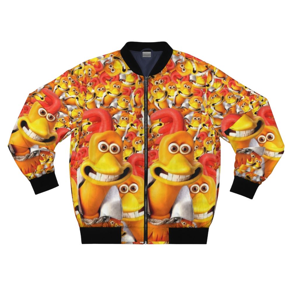 A red and orange bomber jacket with a graphic of "Rocky the Flying Rooster" from the classic animated comedy "Chicken Run".