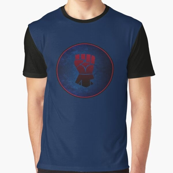 Crimson Fists space marine chapter logo and pauldron symbol on a graphic t-shirt