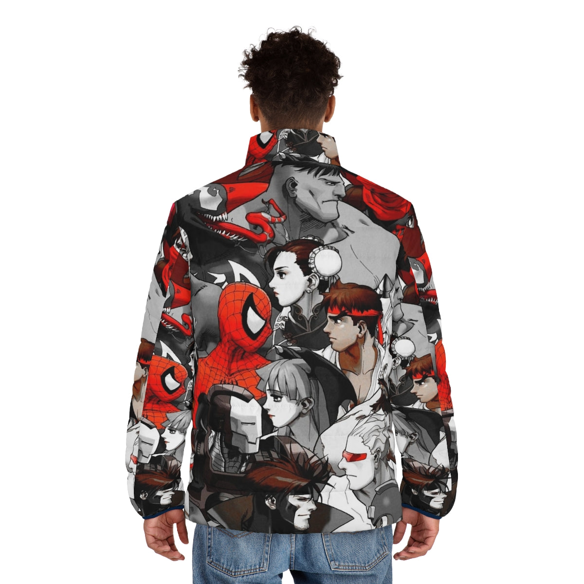 Marvel vs Capcom red puffer jacket featuring characters from popular video game and comic franchises - men back