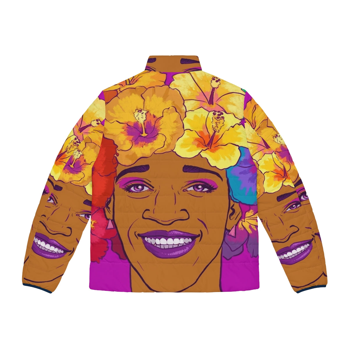 Marsha Johnson Tribute Puffer Jacket featuring a colorful floral design and crown motif - Back