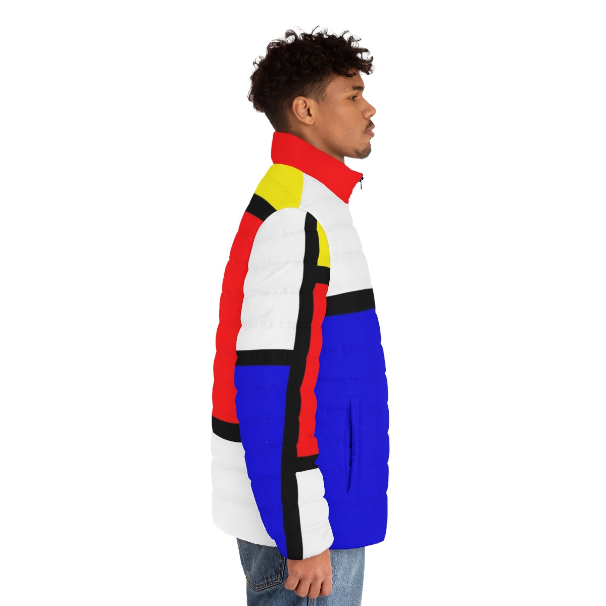 Mondrian inspired geometric puffer jacket in bold primary colors - men side right