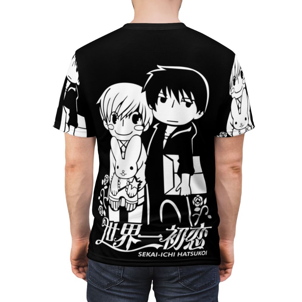 Sekai Ichi Hatsukoi inspired anime t-shirt featuring characters Ritsu Onodera and Masamune Takano - men back