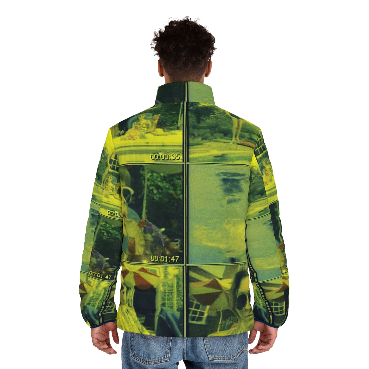 Retro Indie Puffer Jacket featuring Hot Dog Jumping Frog Albuquerque design - men back