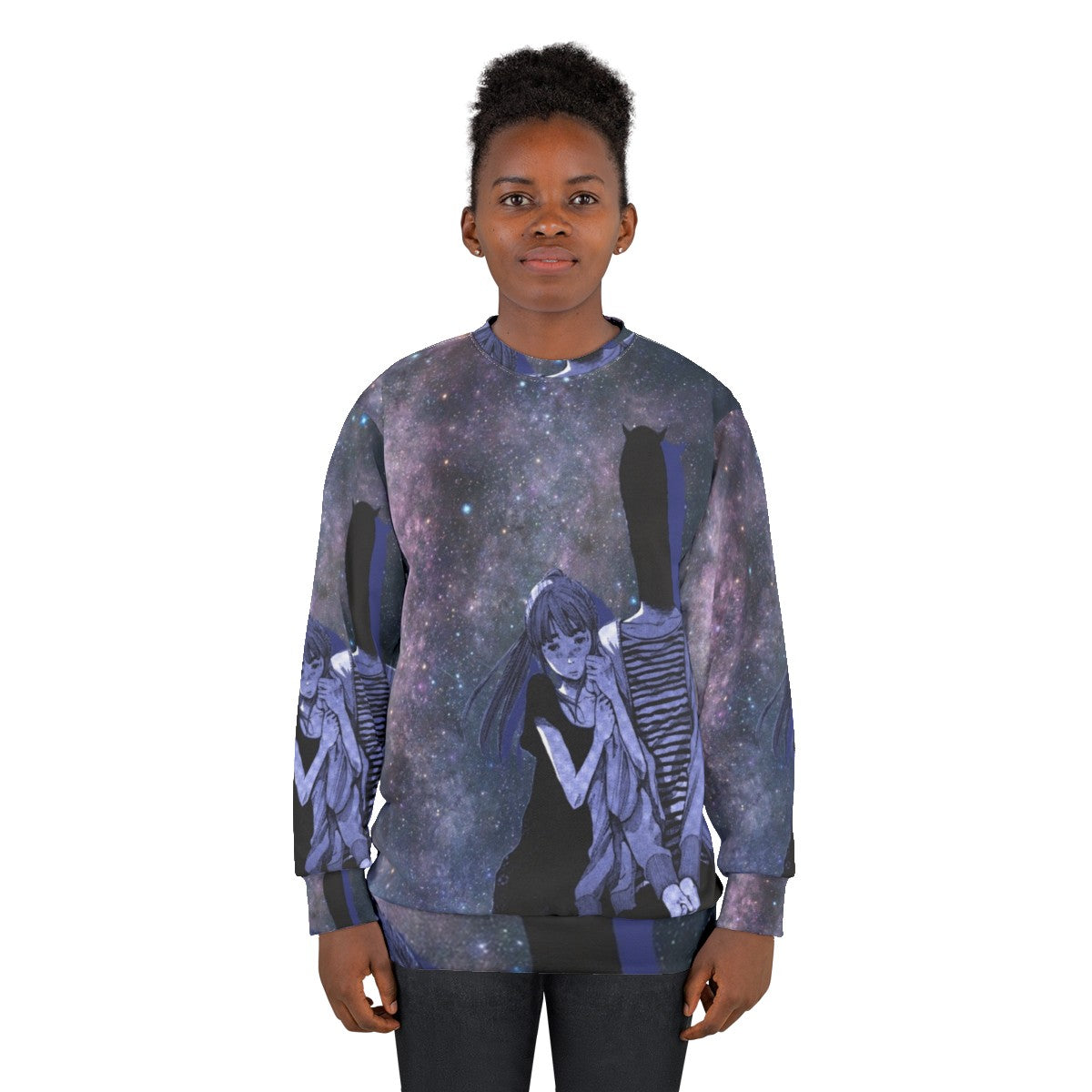 Galaxy night sky sweatshirt with Inio Asano's Punpun design - women