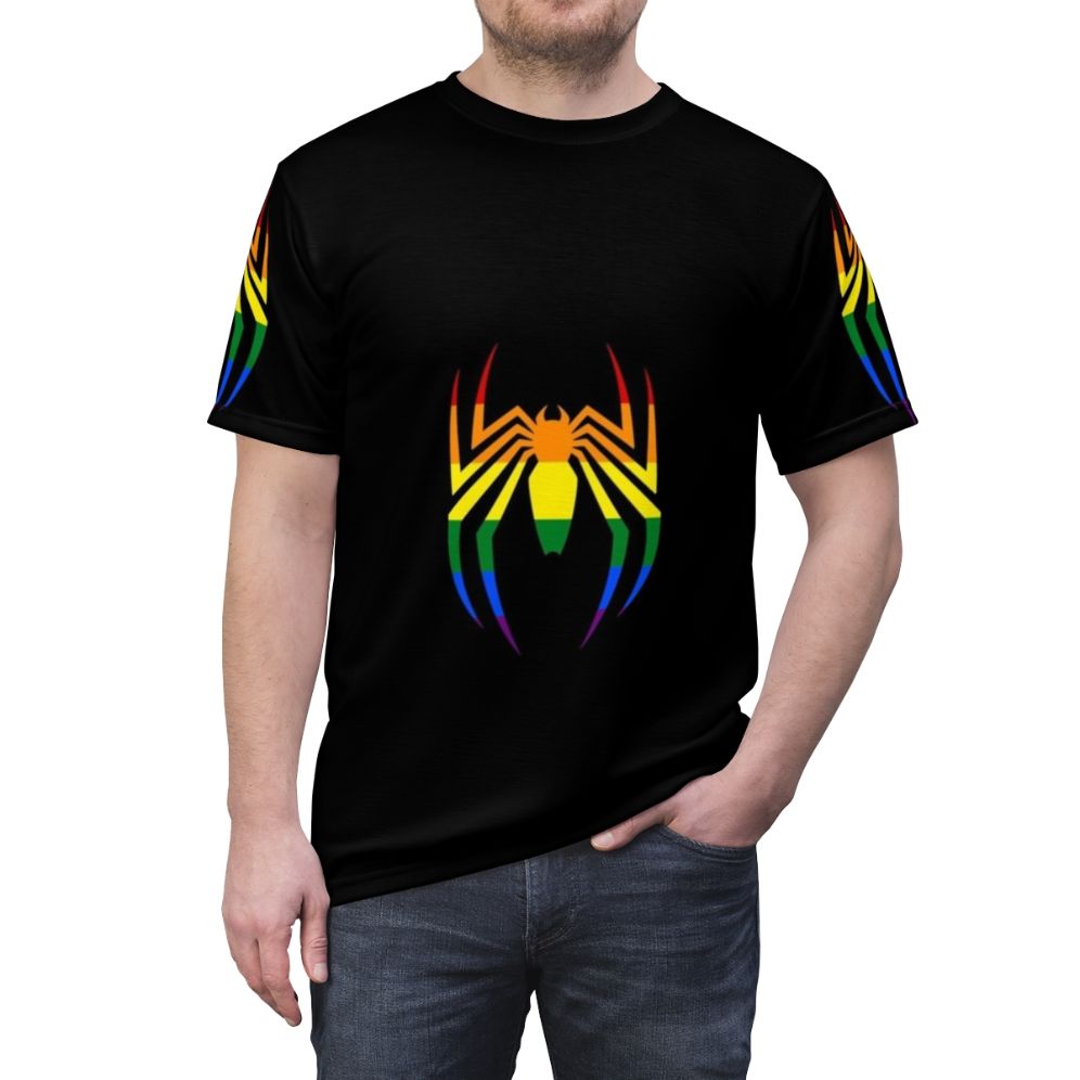 Colorful spider symbol design on a t-shirt with a rainbow gradient background - men front