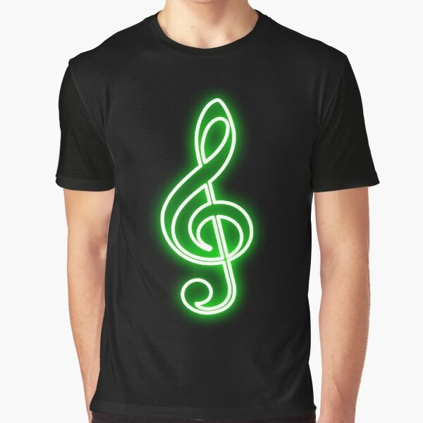 Neon green graphic t-shirt with a treble clef design for music enthusiasts