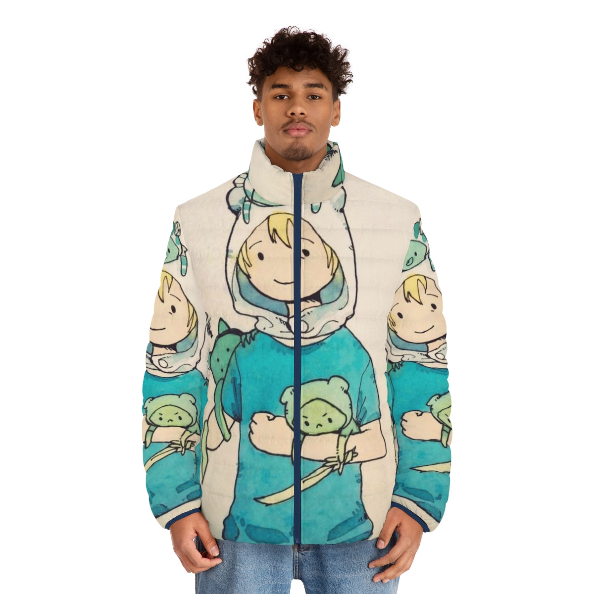 Fallout vaporwave puffer jacket featuring a cute and humorous vault boy design - men front