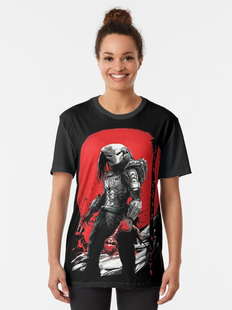 "The Predator" Japanese-inspired graphic t-shirt with blood moon and samurai design - Women