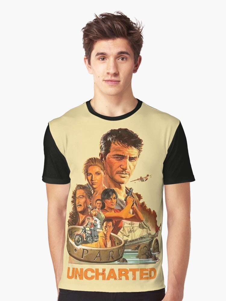 Uncharted video game inspired graphic t-shirt featuring Nathan Drake and the Uncharted logo - Men