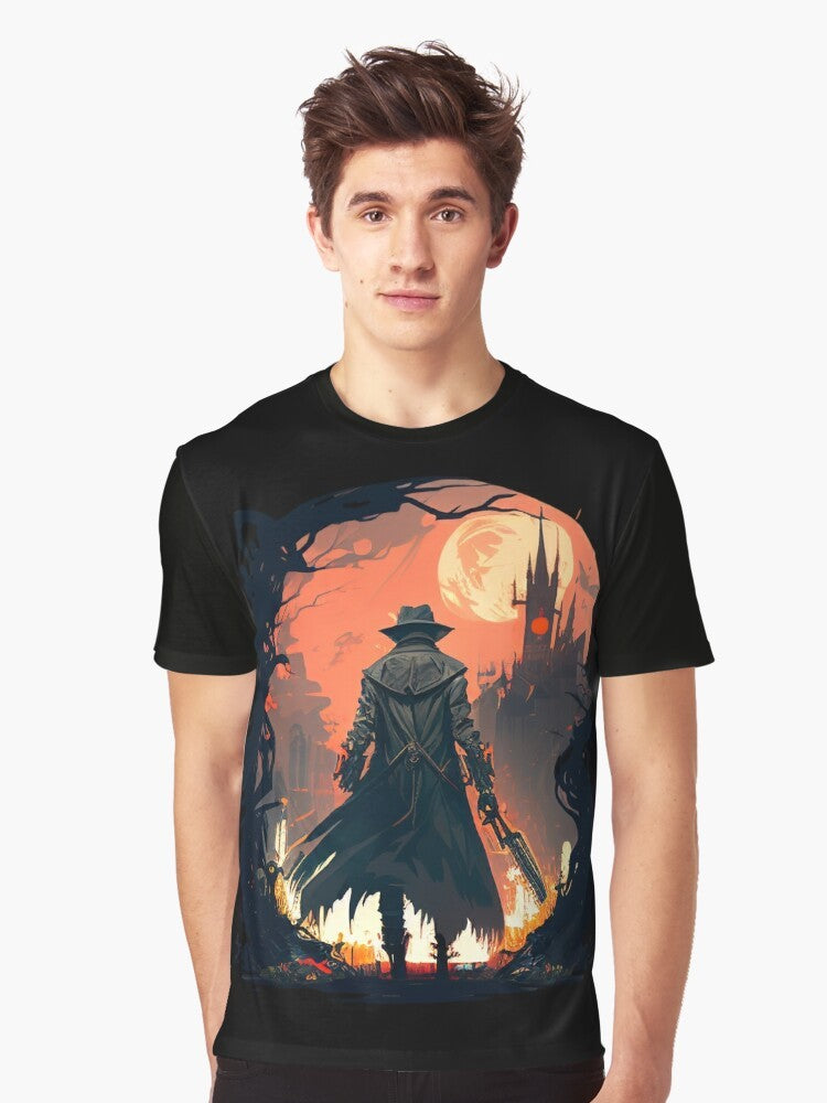 Bloodborne Hunter Eldritch Horror Graphic T-Shirt featuring a dark and ominous design with a hunter, red moon, flames, and Lovecraftian elements. - Men