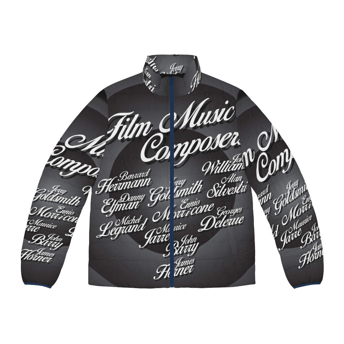 A puffer jacket featuring the names of iconic movie music composers.