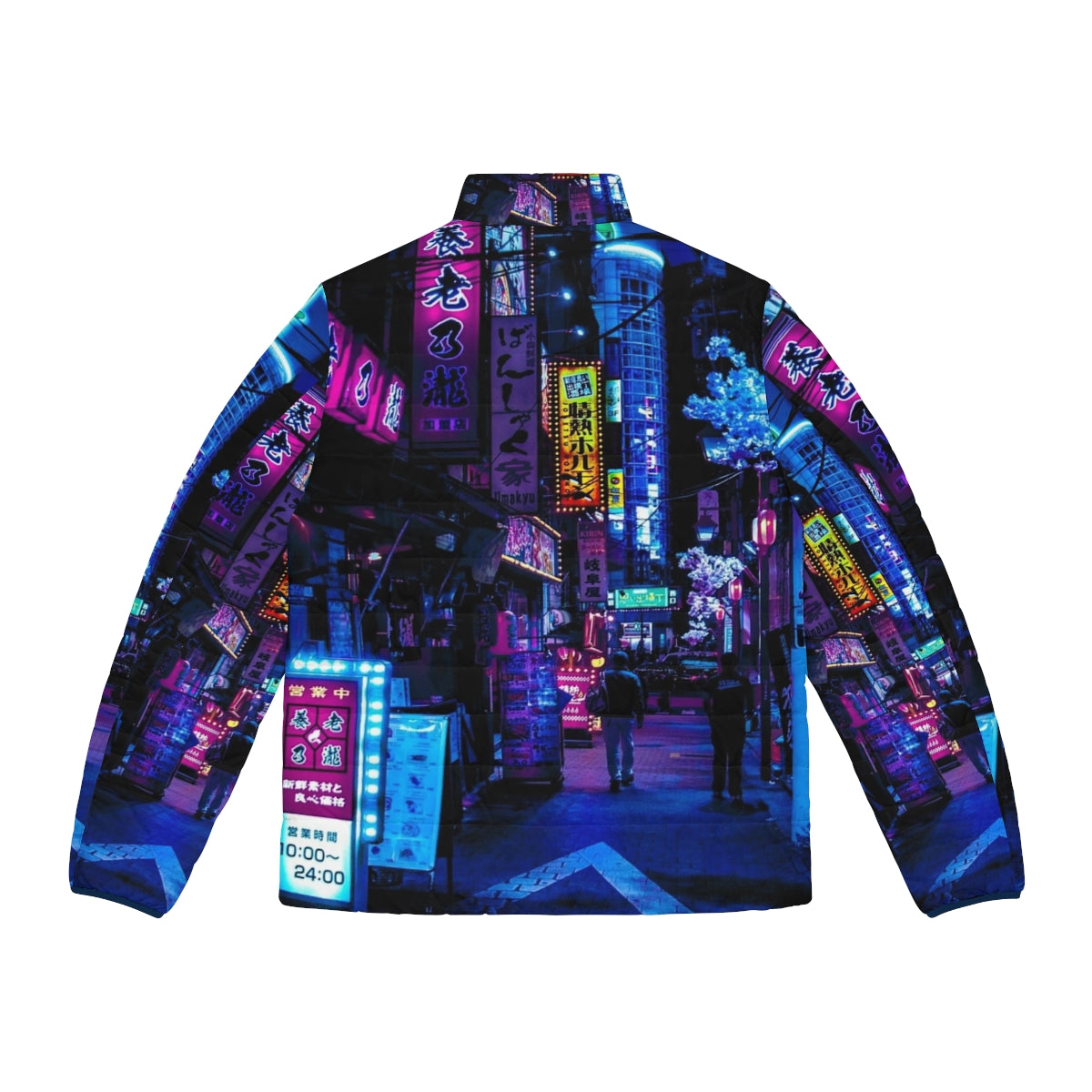 Blue puffer jacket with neon Tokyo alley print, futuristic urban fashion - Back