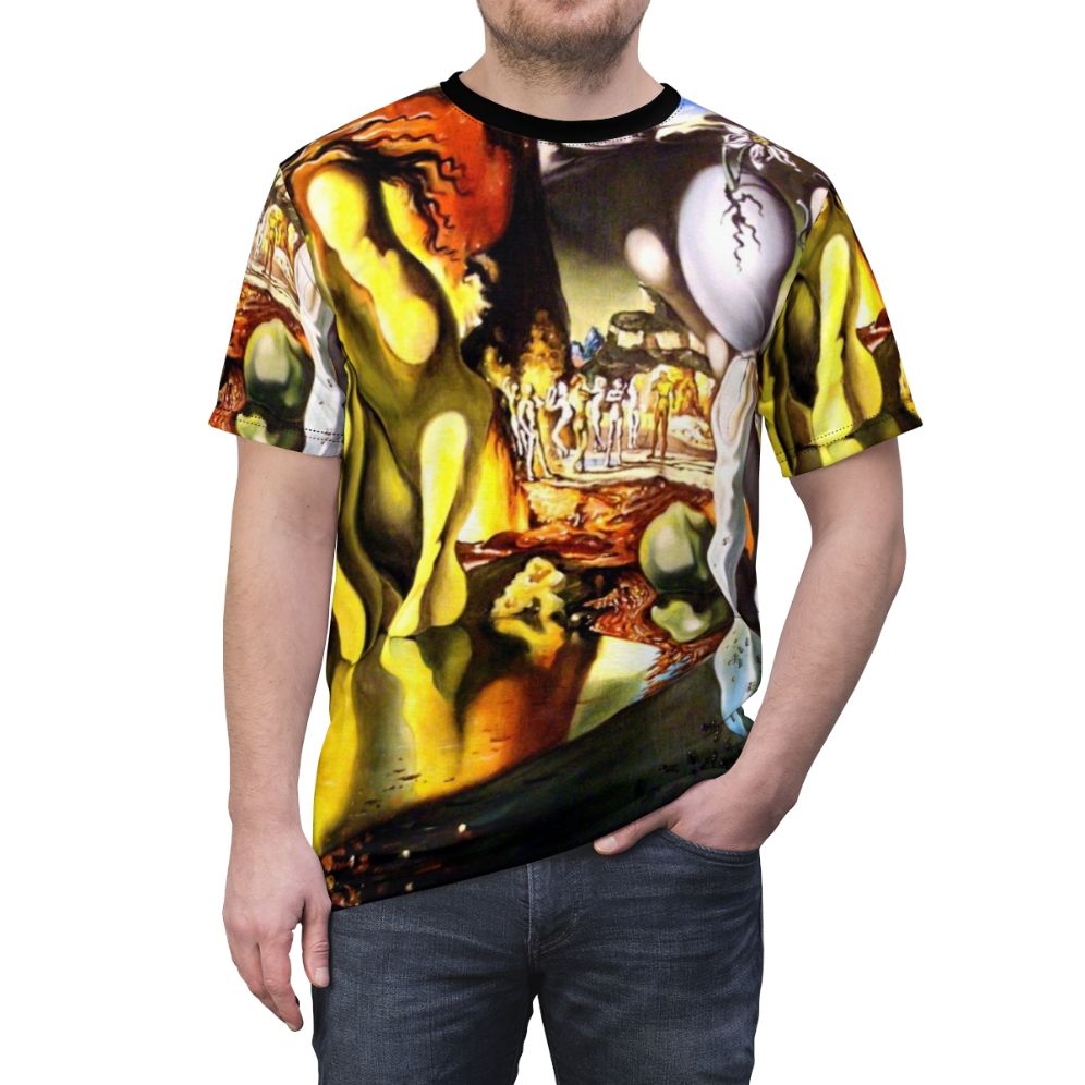 Surreal art t-shirt featuring Salvador Dali's "Metamorphosis of Narcissus" painting - men front