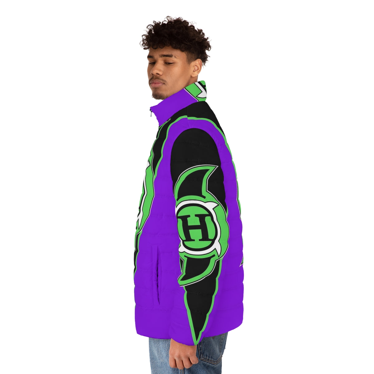 A classic purple puffer jacket with a hurricane logo, perfect for wrestling fans and cosplay - men side left