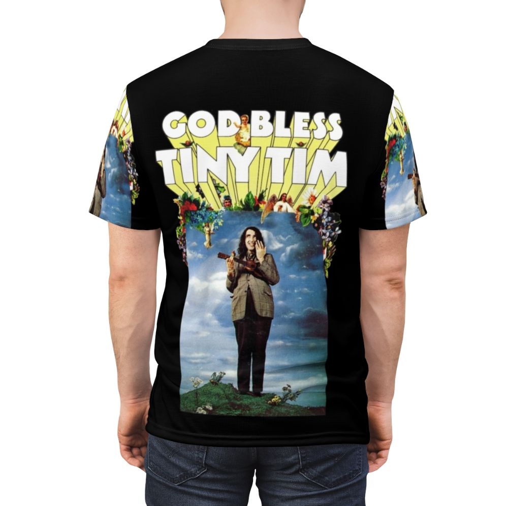 Vintage-inspired graphic t-shirt featuring the legendary crooner Tiny Tim and the classic song "God Bless Tiny Tim". - men back