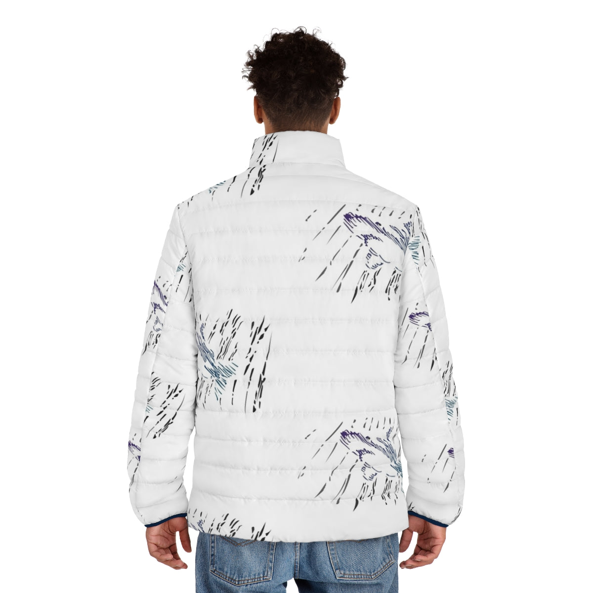 A stylish puffer jacket with an artistic, ocean-themed design - men back