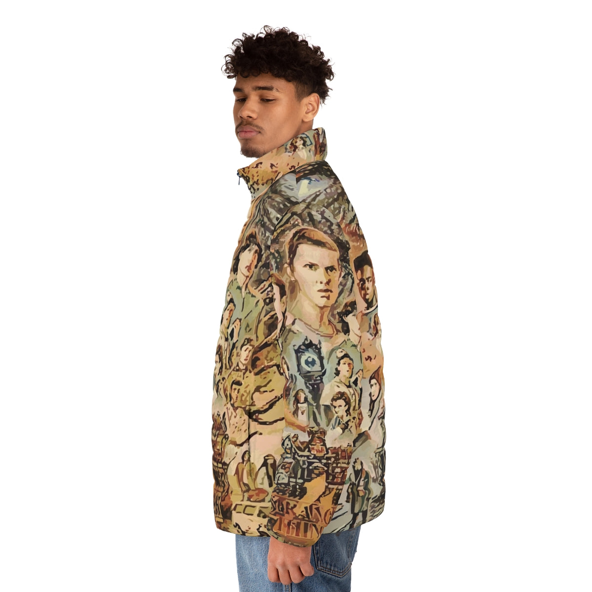 Stranger Things Eleven Puffer Jacket with show logo and character - men side left