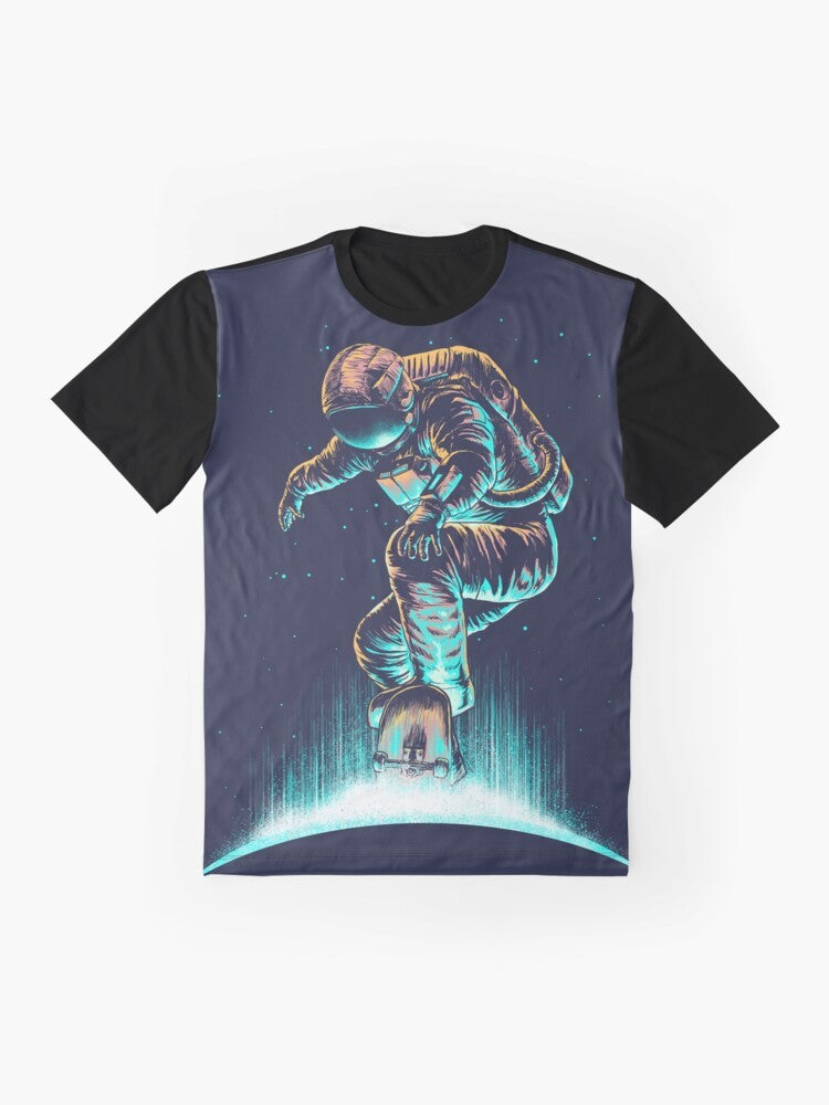 Space-themed graphic design with abstract, surrealist, and neon elements on a t-shirt - Flat lay