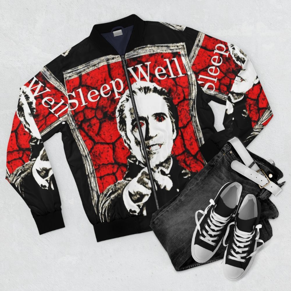 Dracula-inspired bomber jacket with horror movie graphics - Flat lay