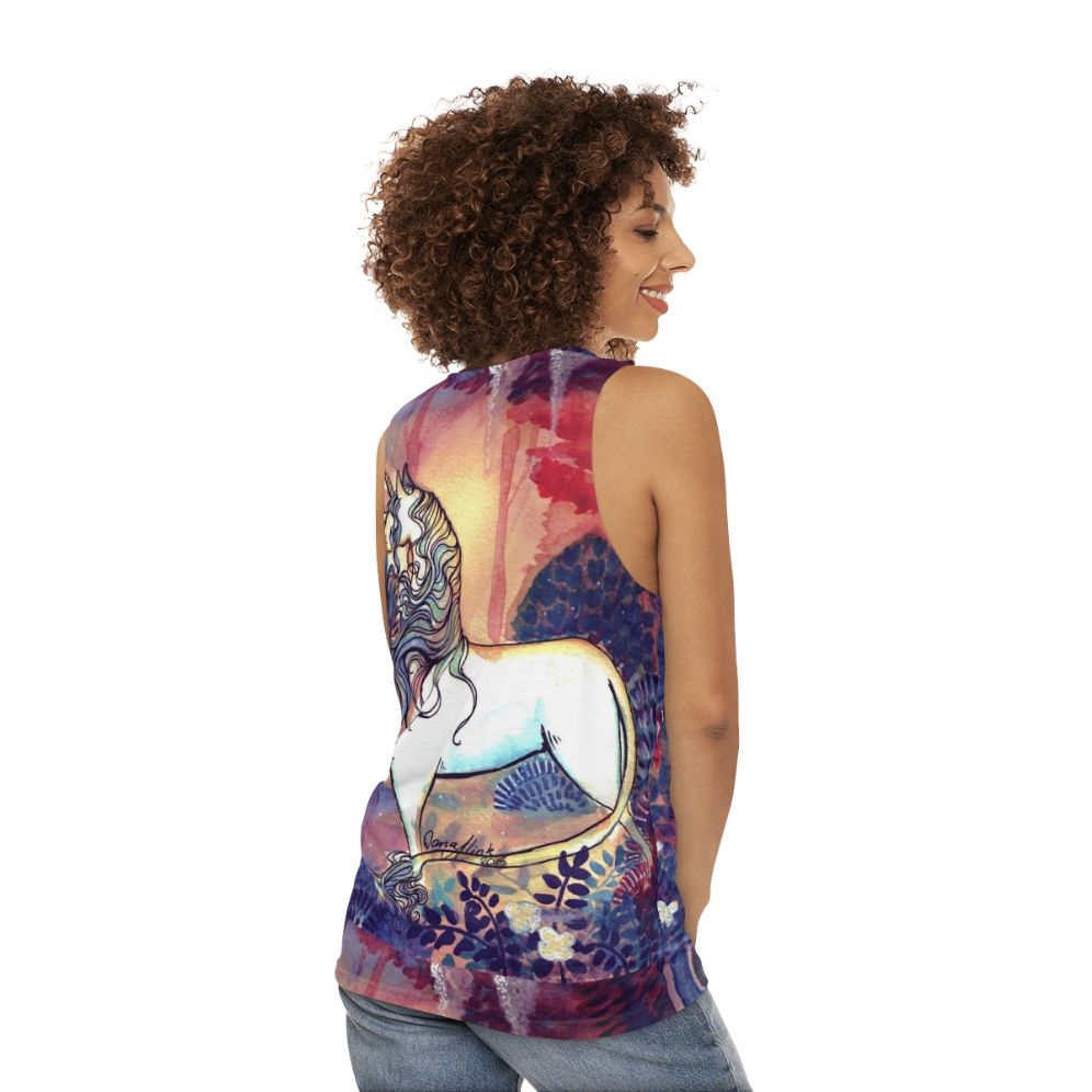 Watercolor unicorn design on a unisex tank top - women back