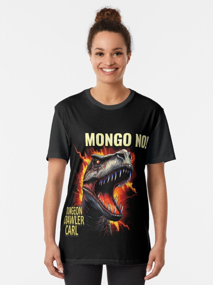 Dungeon Crawler Carl "Mongo!" graphic t-shirt featuring a velociraptor donut design - Women