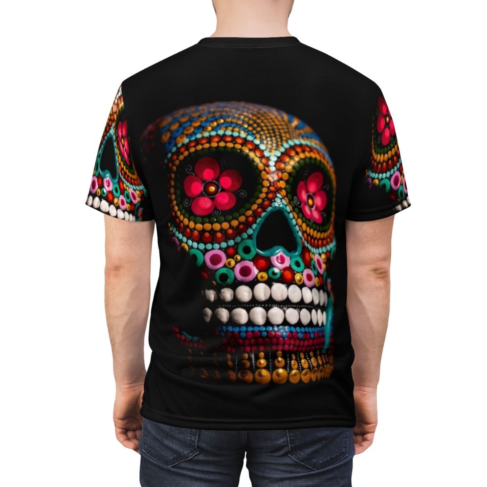 Vibrant, electric-colored sugar skull design on a t-shirt for Day of the Dead celebrations - men back