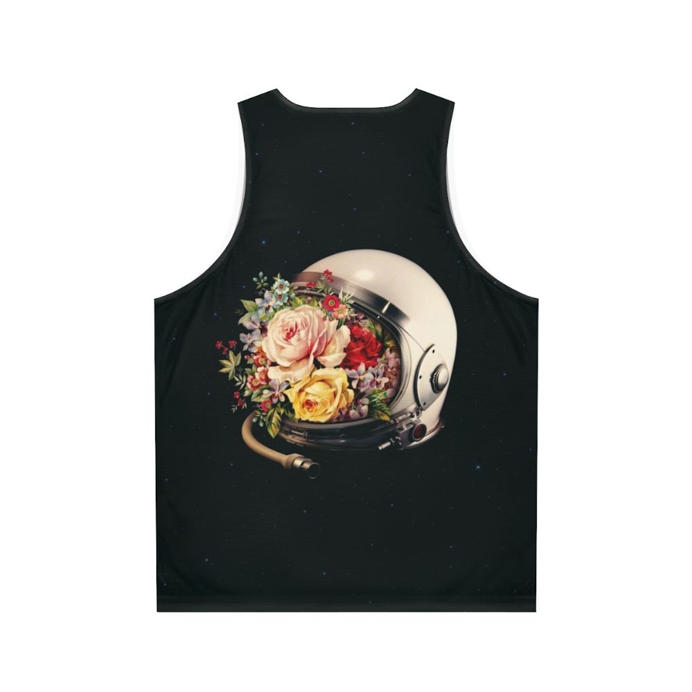 An astronaut in a space suit surrounded by flowers and stars on a cosmic, surreal tank top - Back