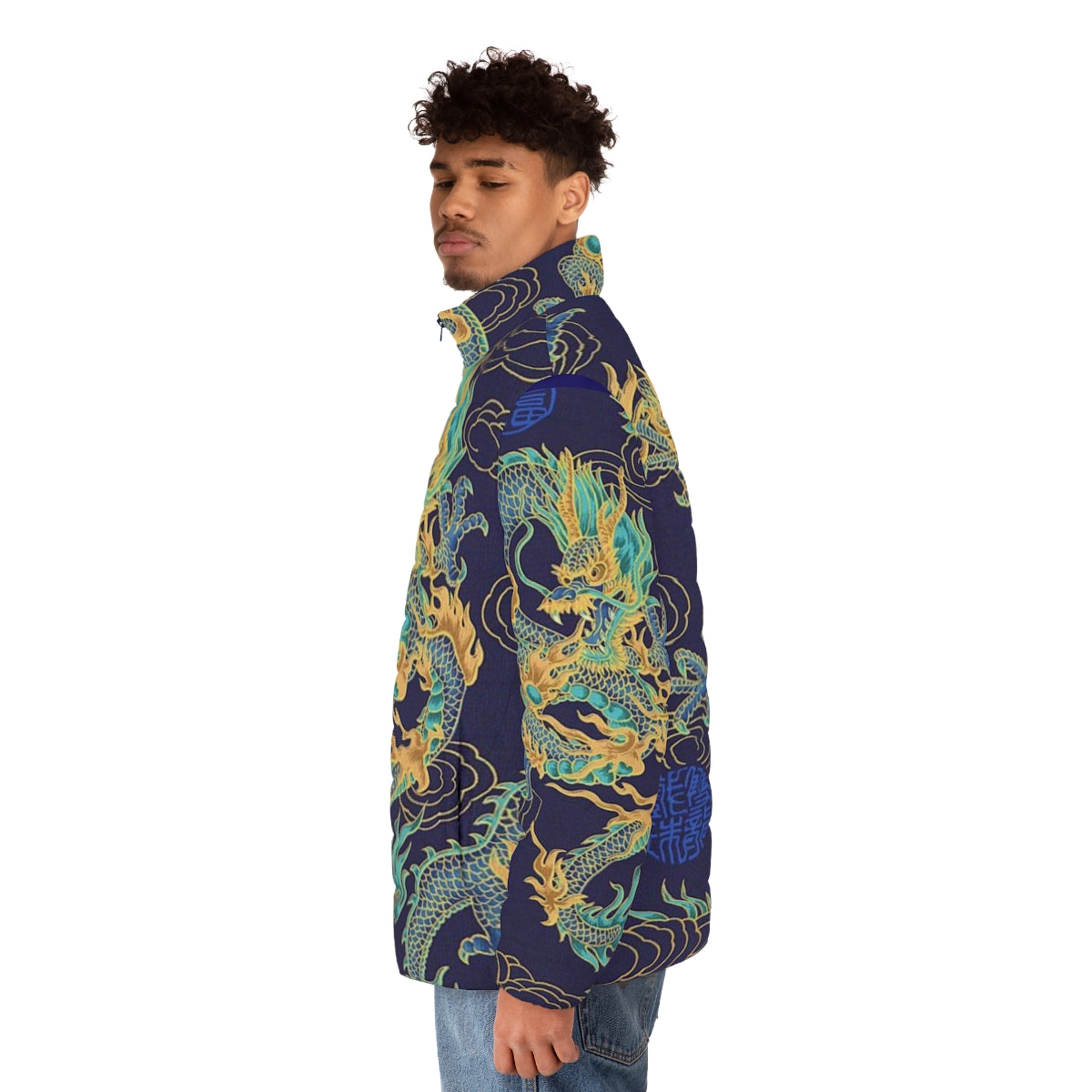 Gilded Dragon Puffer Jacket with Mythical Creature Designs - men side left