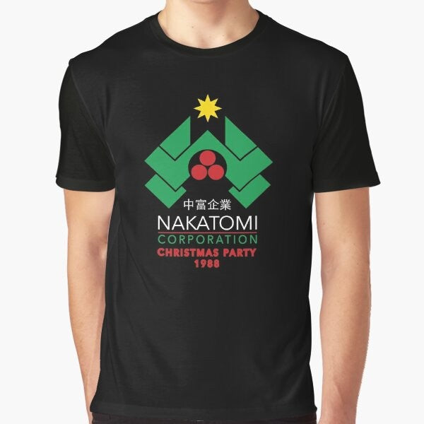 Retro Nakatomi Christmas Party Graphic T-Shirt featuring the iconic die hard movie logo and 80s design