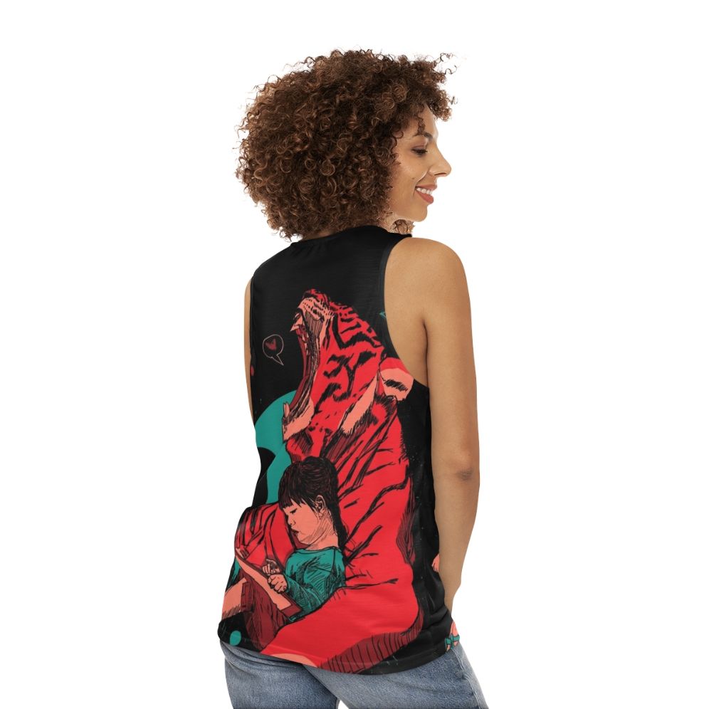 Unisex fantasy graphic tank top featuring a tiger and girl - women back