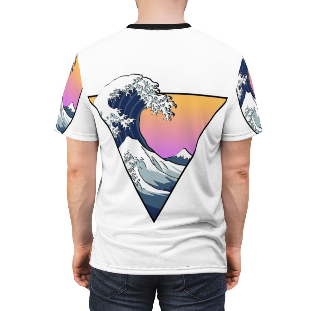 A t-shirt featuring a vibrant, gradient wave design inspired by Japanese art and vaporwave aesthetics. - men back