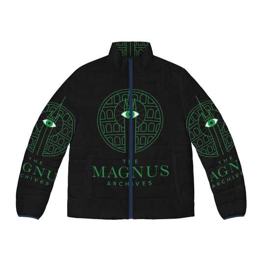 The Magnus Archives Panopticon Horror Puffer Jacket with eye and beholding imagery