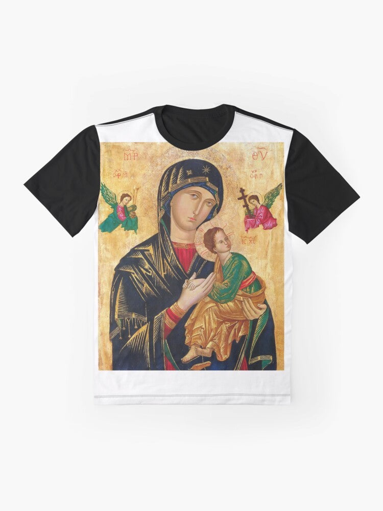 Our Lady of Perpetual Help graphic t-shirt featuring the iconic Russian Orthodox Madonna and Child image. - Flat lay