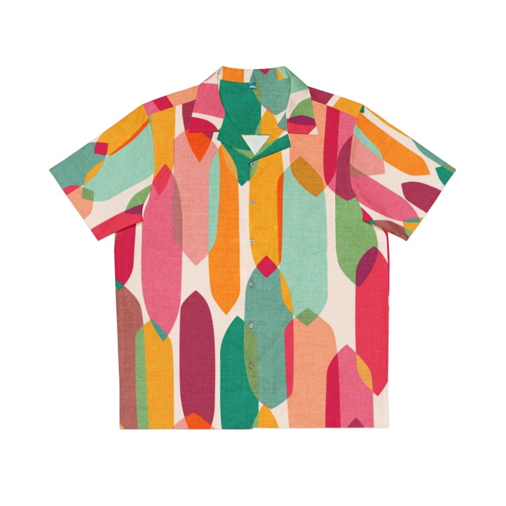 Mid-century modern inspired Hawaiian shirt with a colorful, abstract geometric print design