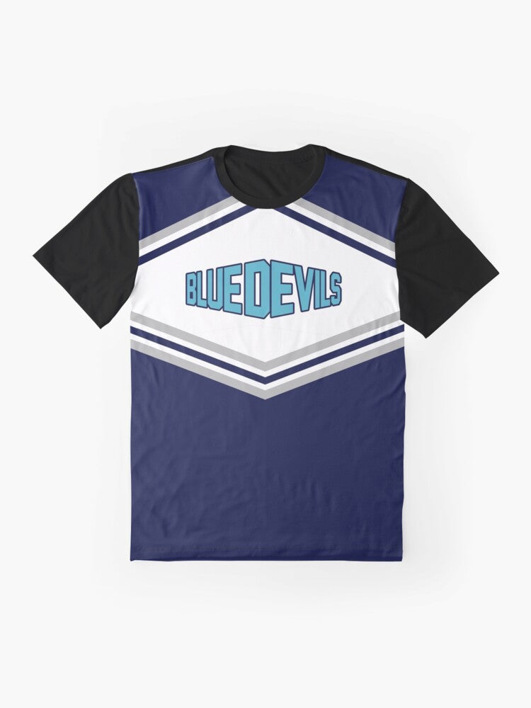 Wynonna Earp "Blue Devils" Graphic T-Shirt featuring Waverly Earp in a cheerleading outfit - Flat lay